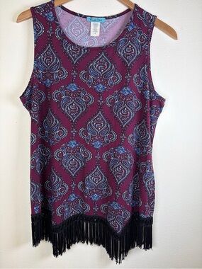Double Click Paisley Fringe Tank Top Women’s M Burgundy Boho Western Festival